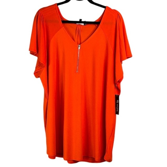 LILY MORGAN NWT Flutter Sleeve Top Orange Zipper V-Neck Stretch Short Sleeves 2X - Picture 2 of 11